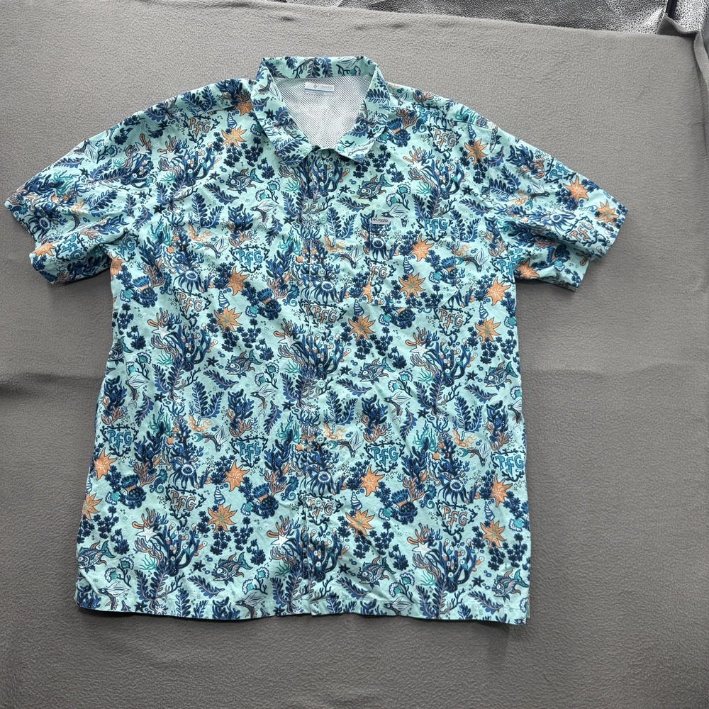 Columbia PFG Shirt Mens 2XL Blue Fish Print Short Sleeve Button Up Fishing Ocean